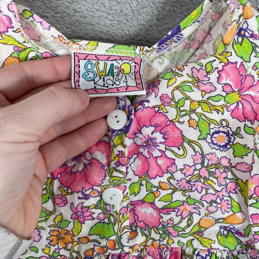 Vintage SWAT Kids Floral Dress Girls 4 Pink 90s Cotton Sleeveless Made in USA‎